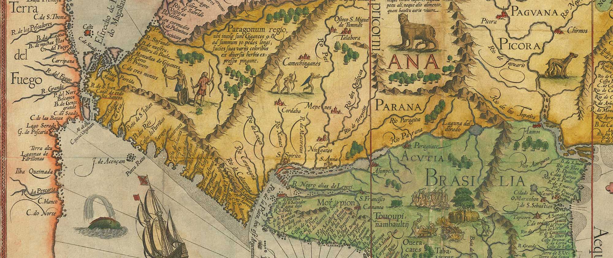 Historical collection of old maps of South America displayed on a website header showing various 16th and 17th century cartography