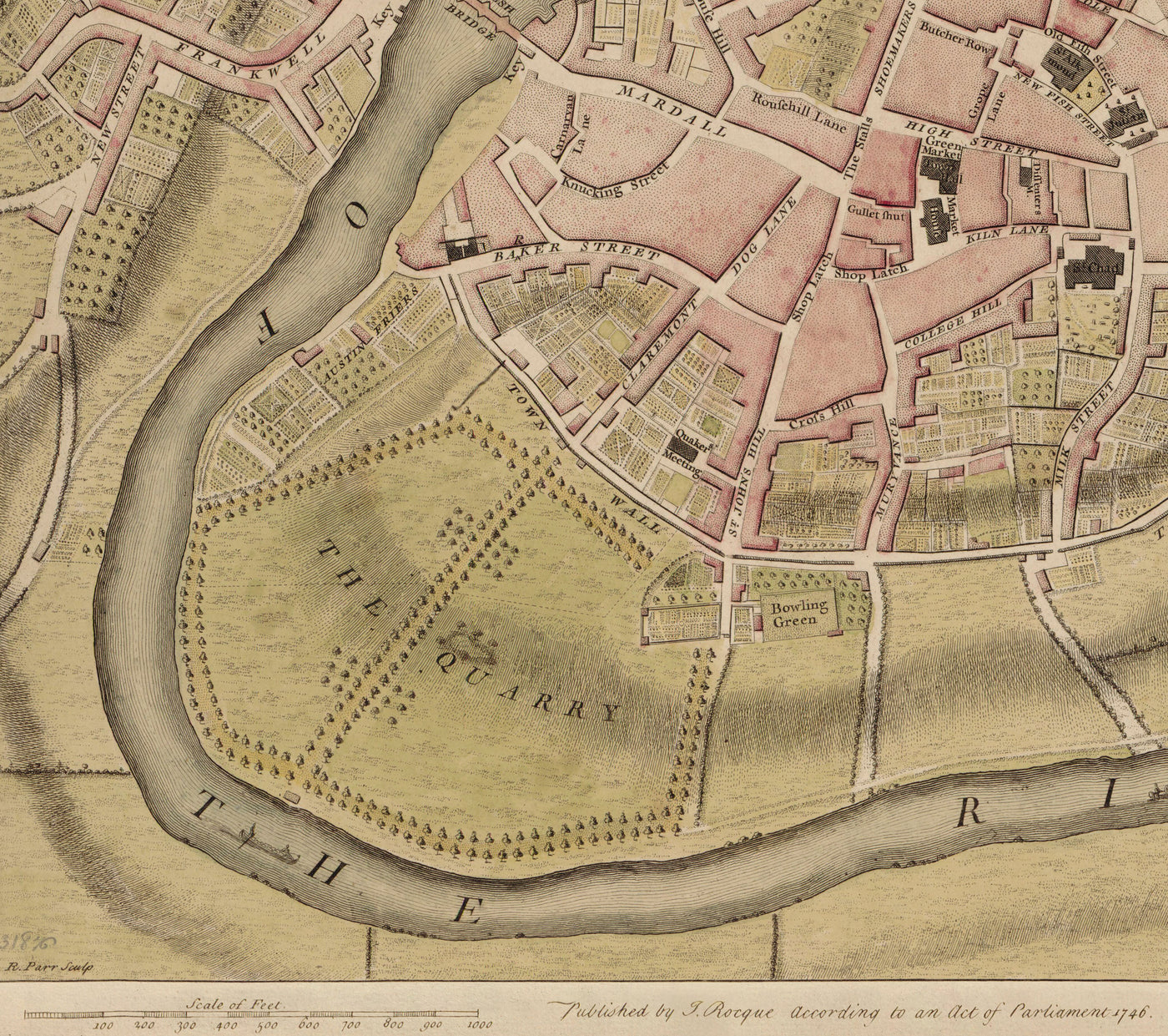 Alte Karte von Shrewsbury im Jahr 1746 von John Rocque - Fluss Severn, Frankwell, Welsh Bridge, Stone Bridge, Bowling Green