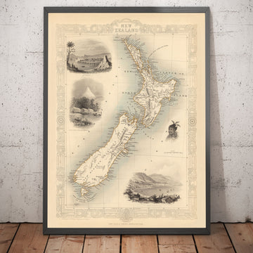 Old Map of New Zealand in 1851 by Tallis and Rapkin - Auckland, Tauranga, Christchurch, Wellington, New Plymouth