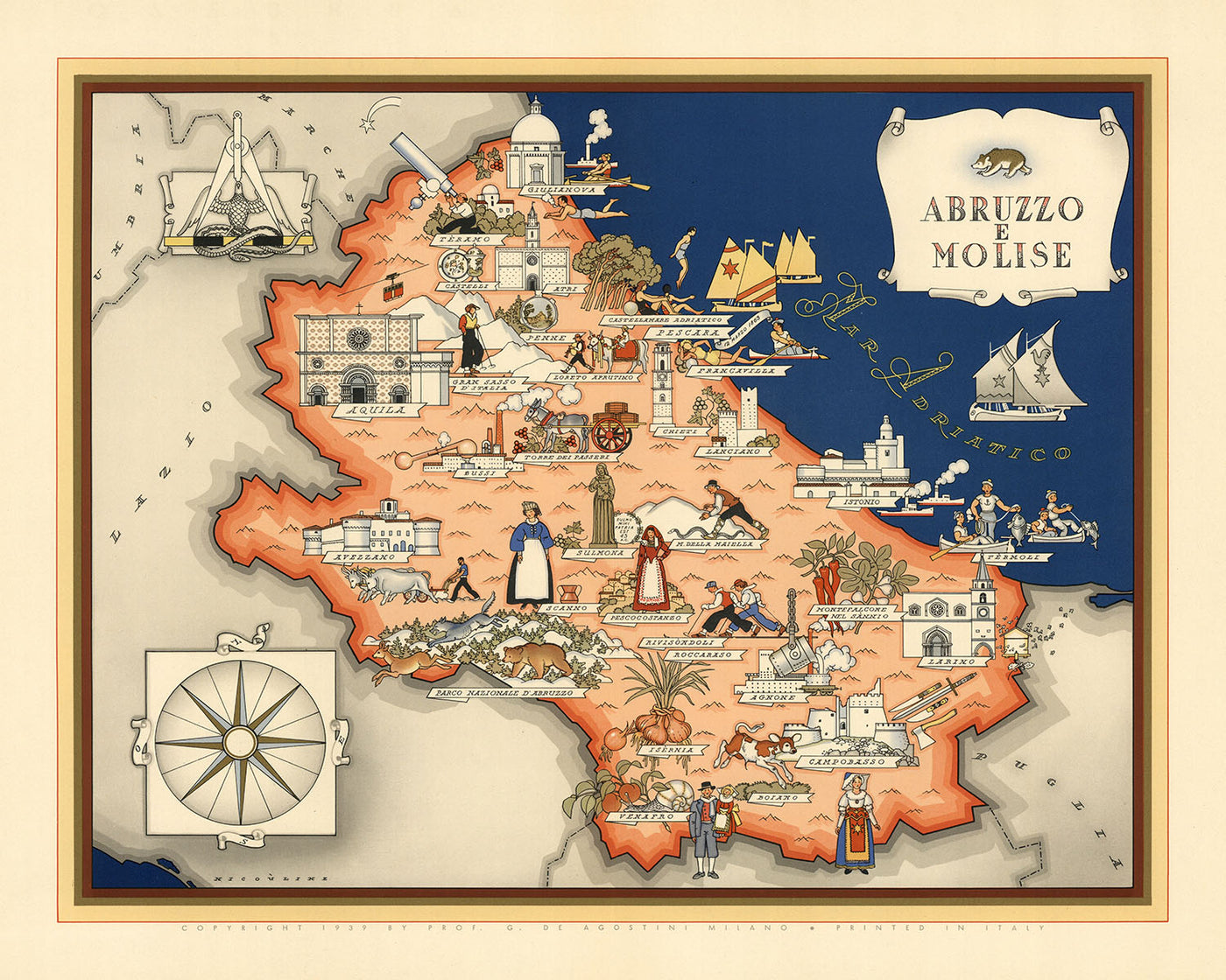 Old Pictorial Map of Abruzzo e Molise, 1938: L'Aquila, Campobasso, Teramo, Pescara, Chieti