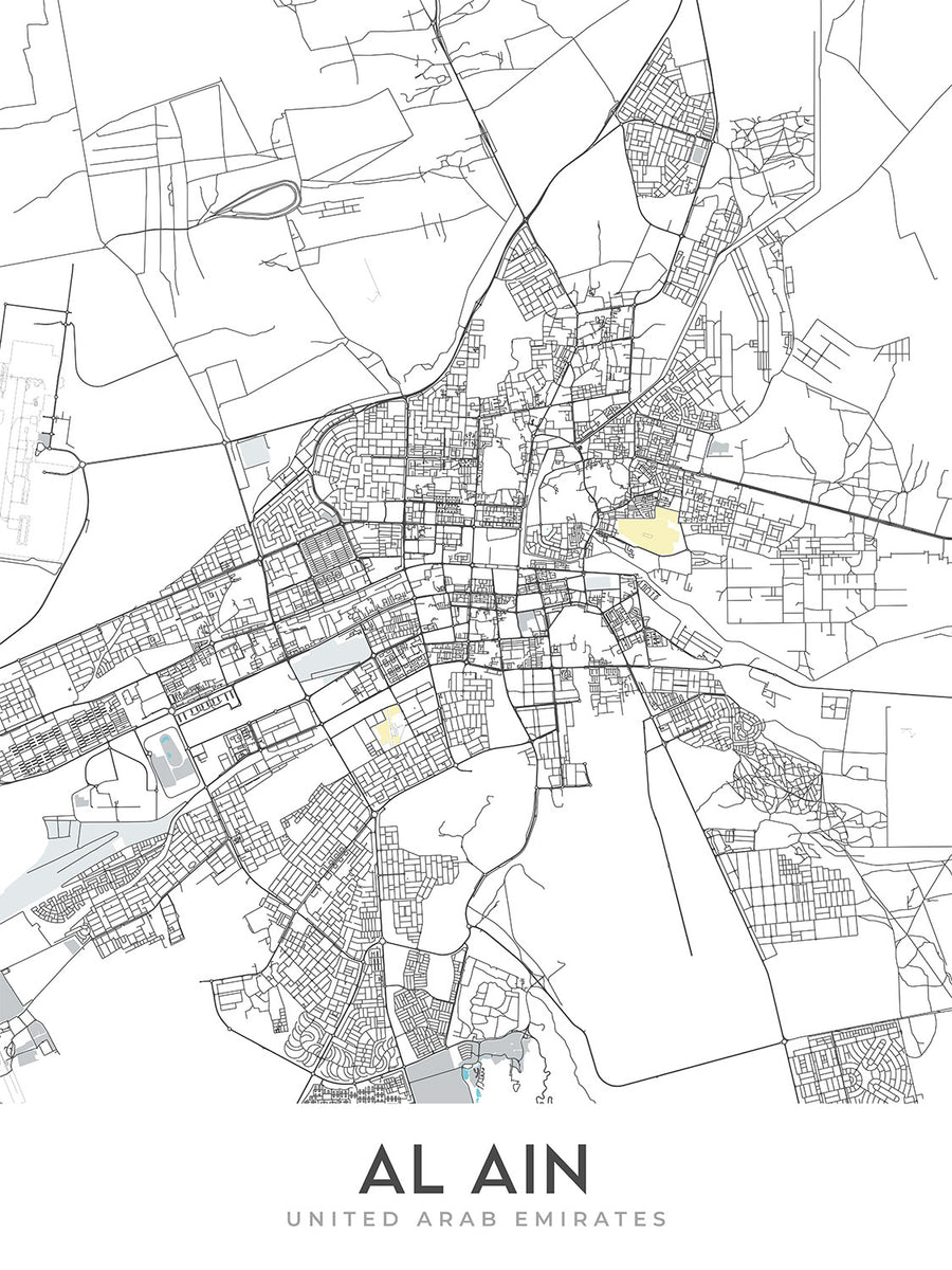 Modern City Map of Al Ain, United Arab Emirates: Oasis, Zoo, National Museum, Bin Zayed St, Bin Sultan St