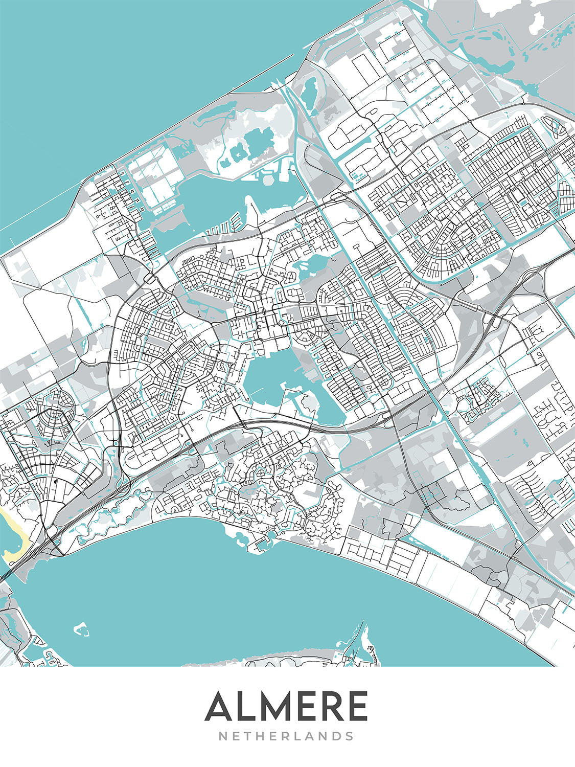Plan de la ville moderne d'Almere, Pays-Bas : Almere Stad, Almere Centrum, De Observant, A6, N702