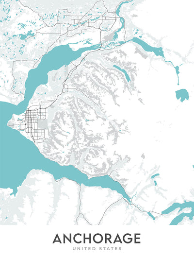 Modern City Map of Anchorage, AK: Downtown, Airport, Port, Mountains, Parks