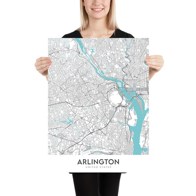 Moderner Stadtplan von Arlington, VA: Arlington National Cemetery, Pentagon, Weißes Haus, Crystal City, Rosslyn