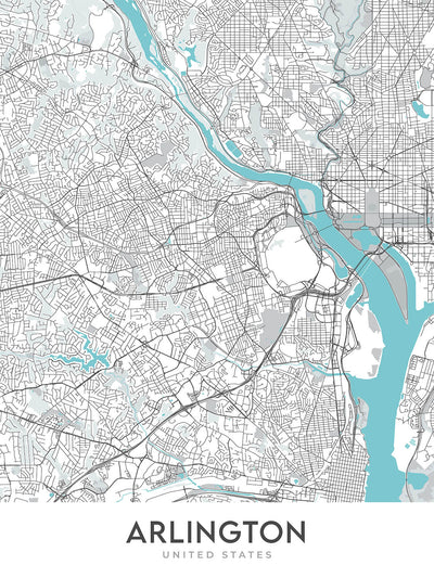 Modern City Map of Arlington, VA: National Cemetery, Pentagon, White House, Washington D.C.