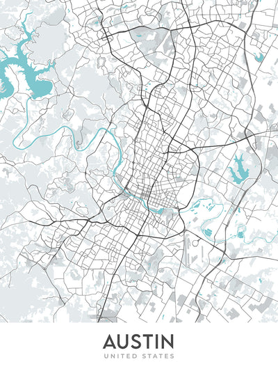 Modern City Map of Austin, TX: Downtown, University of Texas, Zilker Park, I-35, US-183