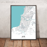 Carte moderne de la ville d'Ayr, Écosse : Centre-ville, Plage d'Ayr, Rivière Ayr, A77, Hippodrome 