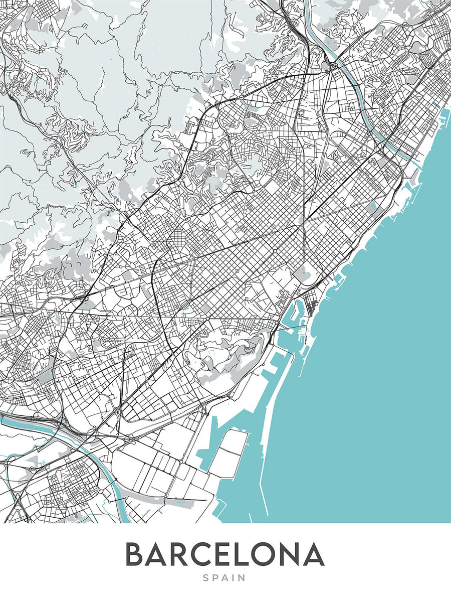 Mappa della città moderna di Barcellona, Spagna: Quartiere Gotico, El Born, Gracia, Sagrada Familia, Casa Batlló 