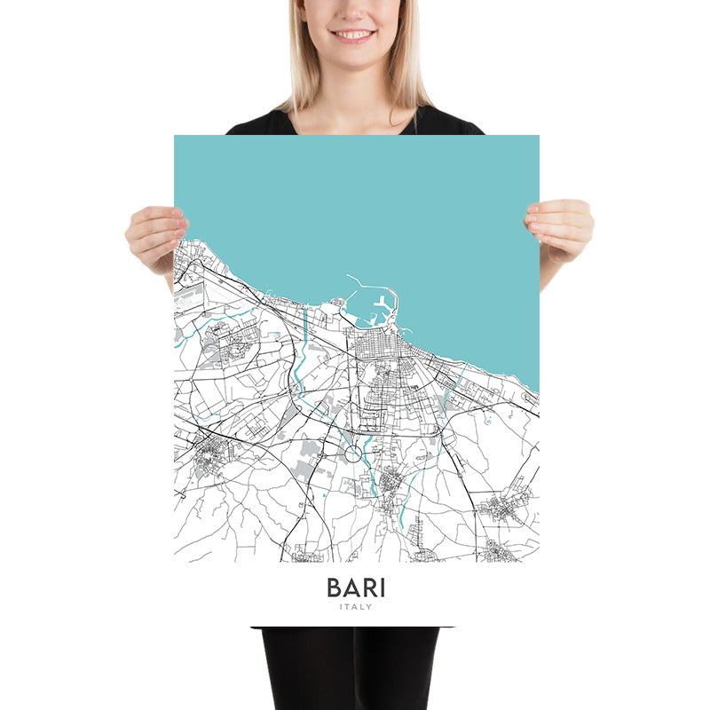 Plan de la ville moderne de Bari, Italie : Bari Vecchia, Basilique de San Nicola, Château Normanno-Svevo, Piazza Mercantile, Strada Statale 16