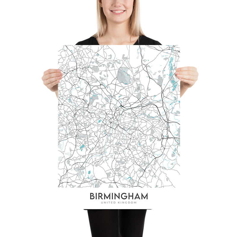 Mappa della città moderna di Birmingham, Regno Unito: Bournville, Moseley, Harborne, Sutton Coldfield, Centro città 