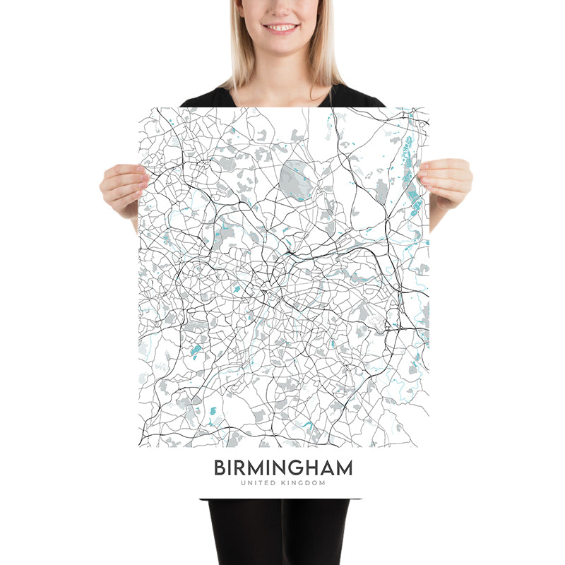 Modern City Map of Birmingham, UK: Bournville, Moseley, Harborne, Sutton Coldfield, City Centre