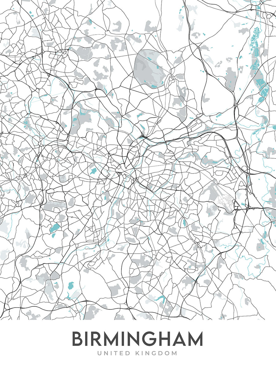 Mappa della città moderna di Birmingham, Regno Unito: Bournville, Moseley, Harborne, Sutton Coldfield, Centro città 