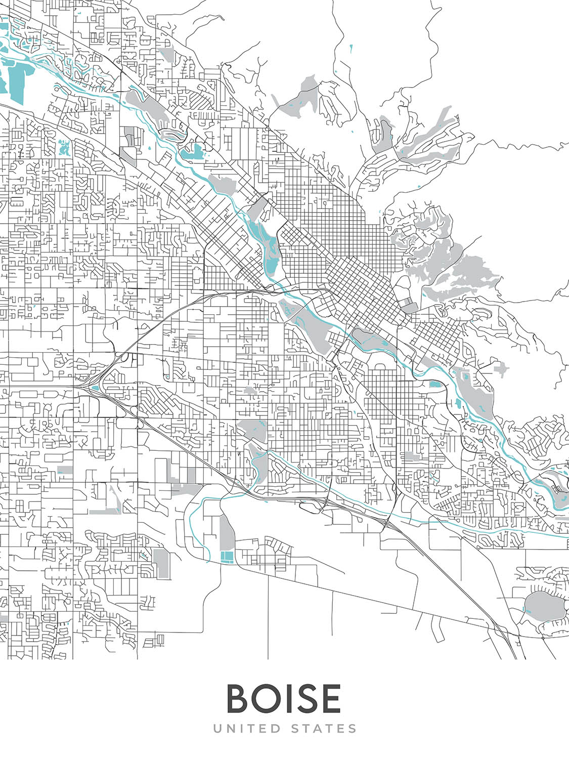 Plan de la ville moderne de Boise, ID : centre-ville, Boise State University, Idaho State Capitol, Hyde Park, Boise River