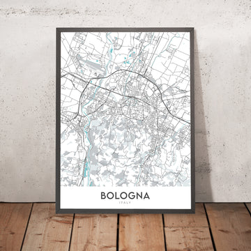 Mapa moderno de la ciudad de Bolonia, Italia: Piazza Maggiore, Basílica de San Petronio, Torre degli Asinelli, distrito universitario, zona industrial