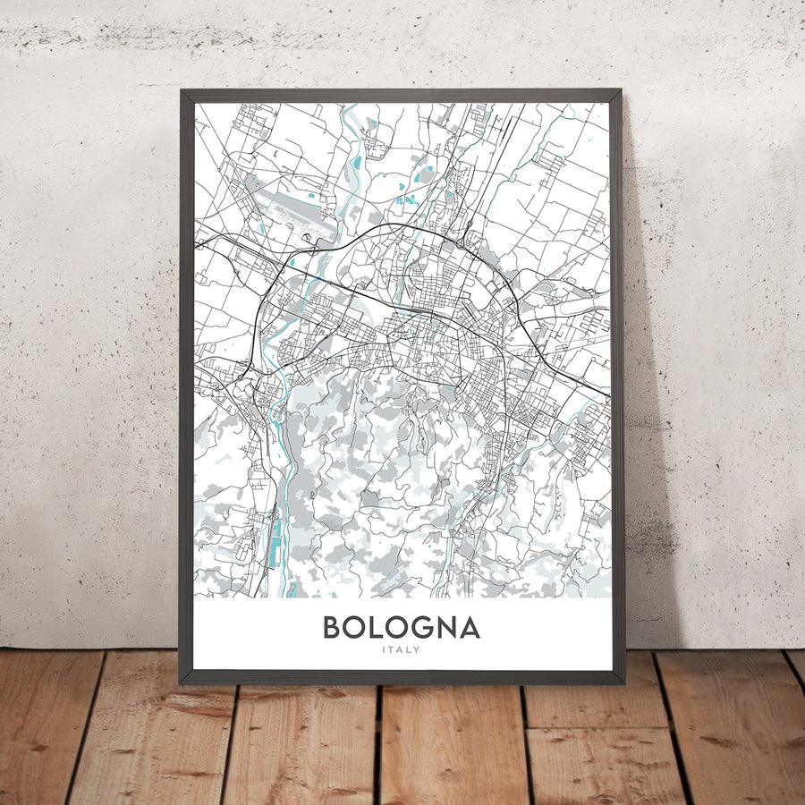 Mapa moderno de la ciudad de Bolonia, Italia: Piazza Maggiore, Basílica de San Petronio, Torre degli Asinelli, distrito universitario, zona industrial