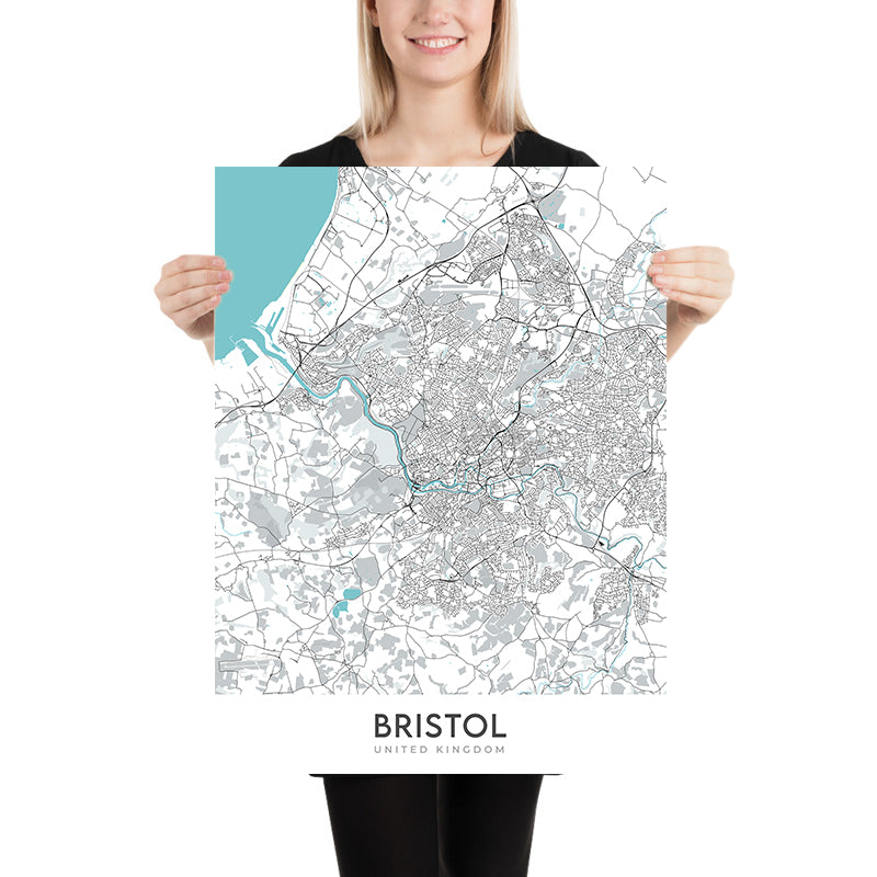 Modern City Map of Bristol, UK: Clifton Suspension Bridge, SS Great Britain, Bristol Cathedral, Cabot Tower, Bristol Zoo