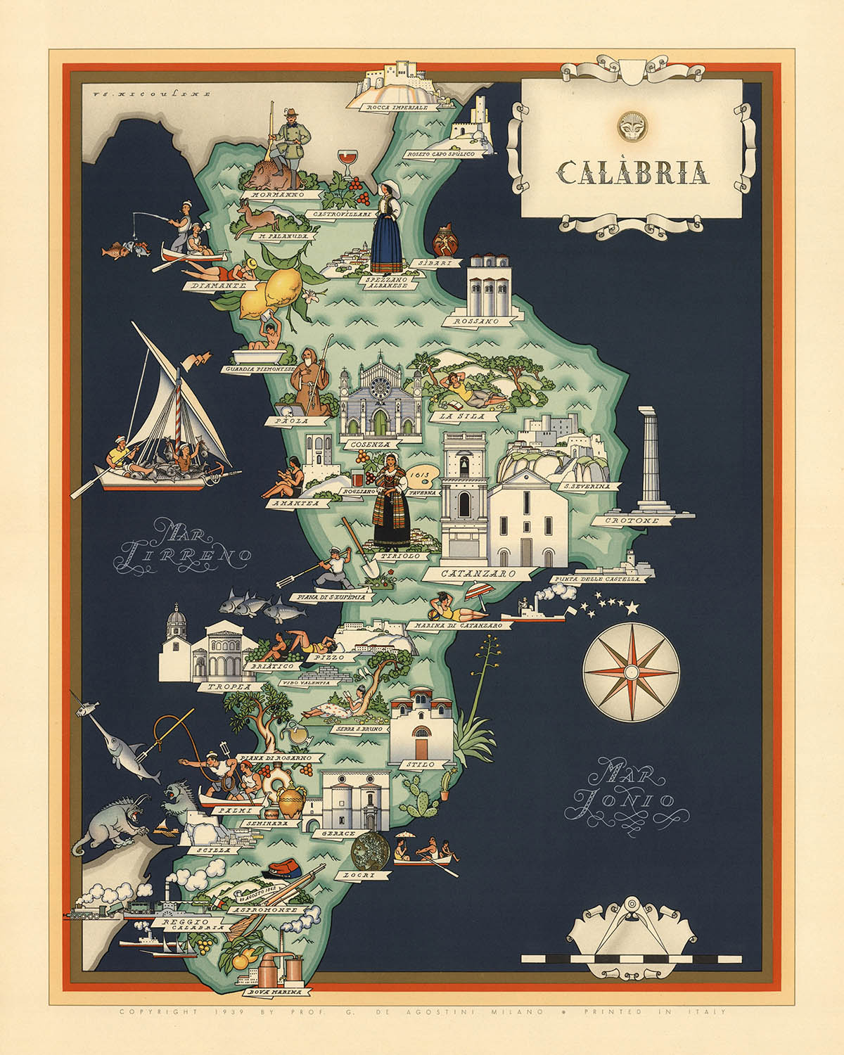 Old Pictorial Map of Calabria by De Agostini, 1938: Cosenza, Catanzaro, Reggio di Calabria, Pollino NP, Sila NP
