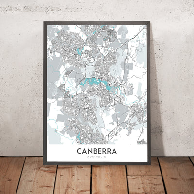 Plan de la ville moderne de Canberra, Australie : War Memorial, National Gallery, Lake Burley Griffin, Civic, Parkes Way