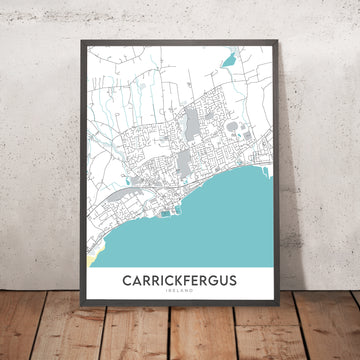 Carte moderne de la ville de Carrickfergus, Irlande du Nord : Château de Carrickfergus, Lough de Belfast, A2, Eden, Woodburn 