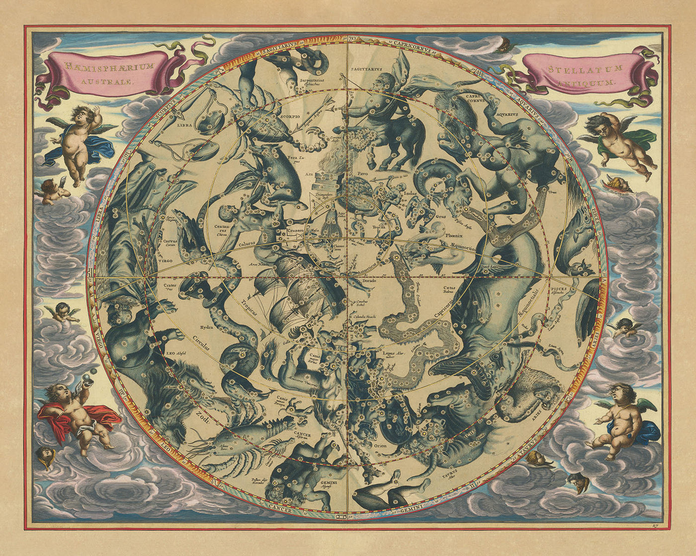 Celestial Chart of Southern Constellations by Andreas Cellarius, 1661