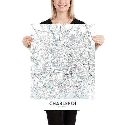 Moderner Stadtplan von Charleroi, Belgien: Stadtzentrum, Flughafen, Stadion, Universität, Museum
