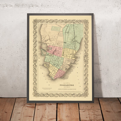 Mapa antiguo de Charleston de Colton, 1855: hipódromo de Washington, arsenal, batería, muelles, estanques