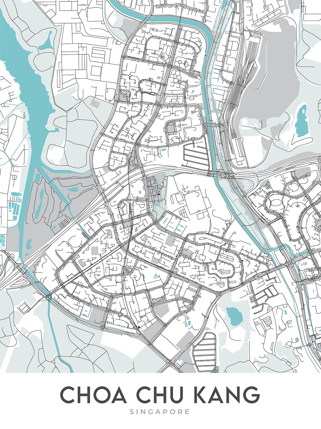 Mapa moderno de la ciudad de Choa Chu Kang, Singapur: estación MRT, centro comercial Lot One, parque CCK, club de golf Warren, centro Teck Whye