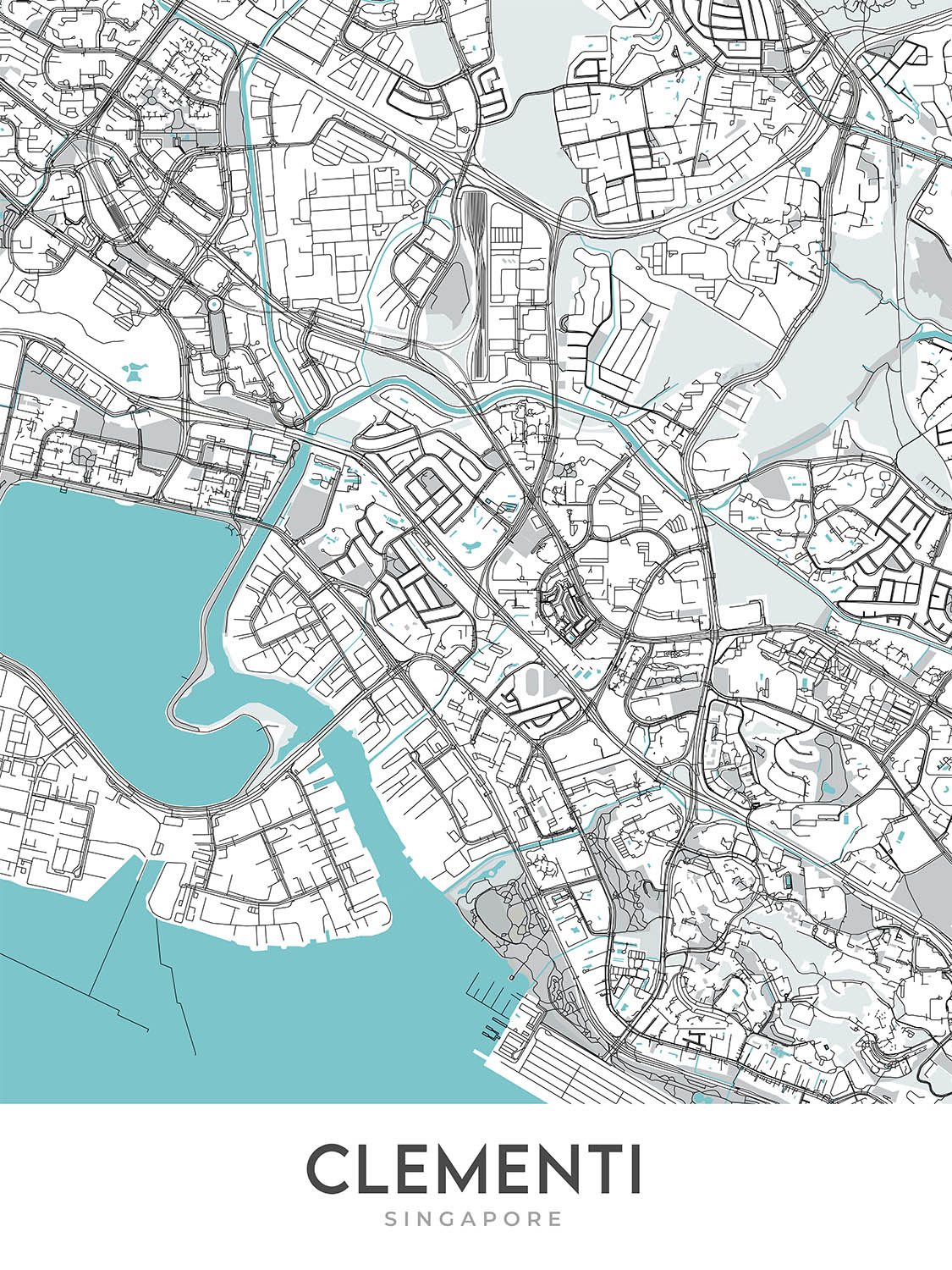 Moderner Stadtplan von Clementi, Singapur: Clementi MRT, NUS, West Coast Park, Clementi Mall, AYE