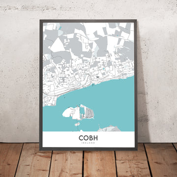 Carte moderne de la ville de Cobh, Irlande : Cathédrale de Cobh, Port de Cork, Grande Île, Île Spike, Expérience Titanic Cobh 