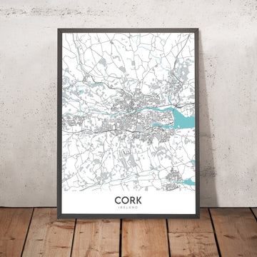 Plan de la ville moderne de Cork, Irlande : château de Blarney, hôtel de ville de Cork, parc Fitzgerald, N20, N22