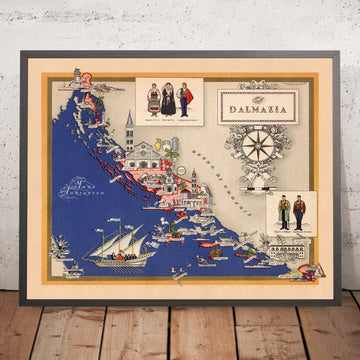 Old Map of Dalmatia, Croatia by De Agostini, 1938: Kingdom of Italy, Split, Zara, Sebenico, Ragusa, Cattaro