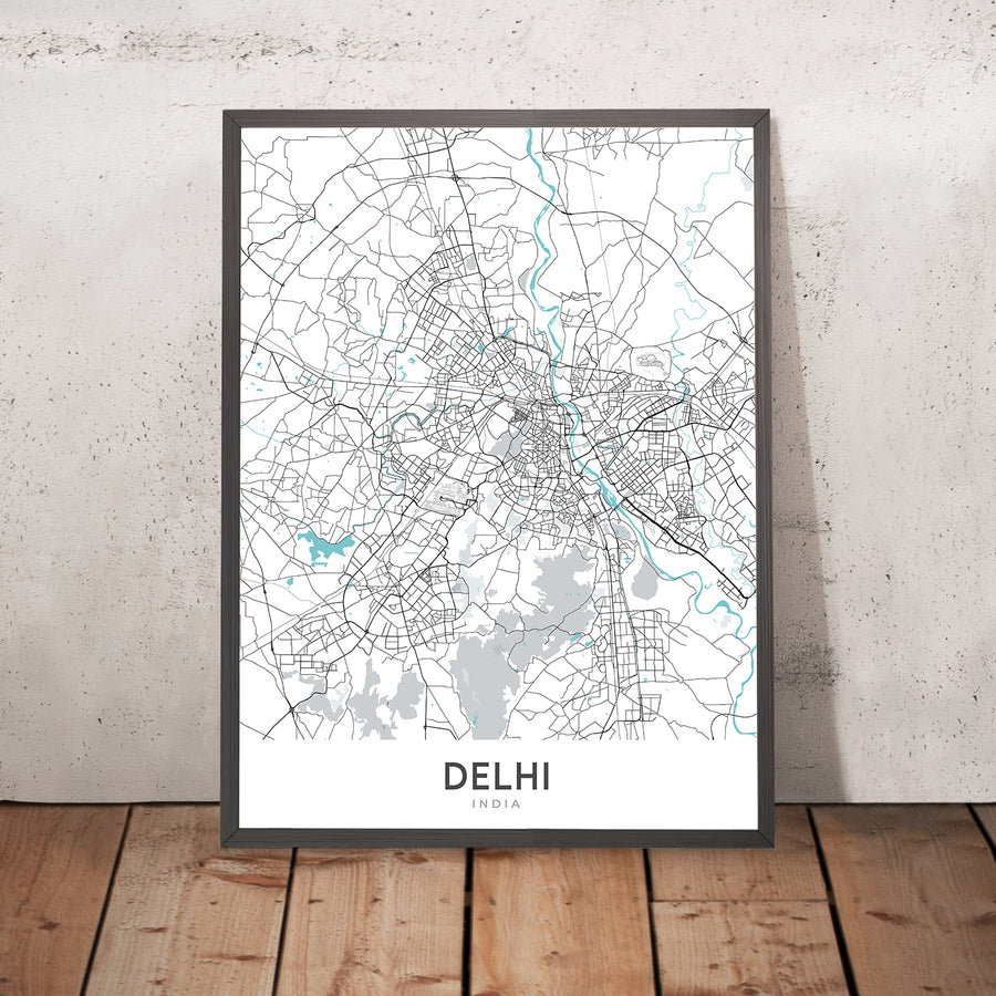 Mappa della città moderna di Delhi, India: Connaught Place, India Gate, Forte Rosso, NH 44, Ring Road 
