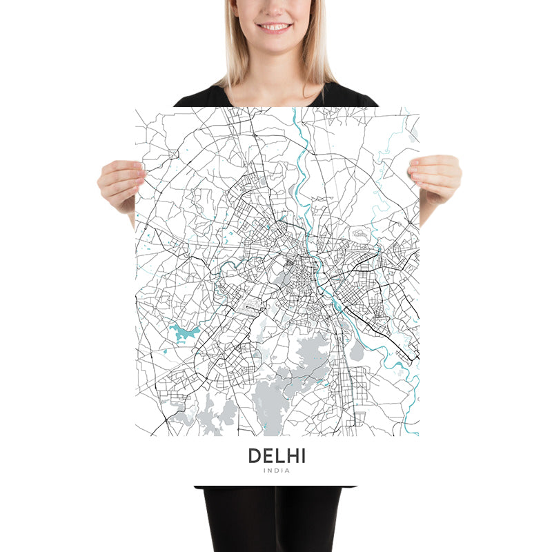 Mappa della città moderna di Delhi, India: Connaught Place, India Gate, Forte Rosso, NH 44, Ring Road 