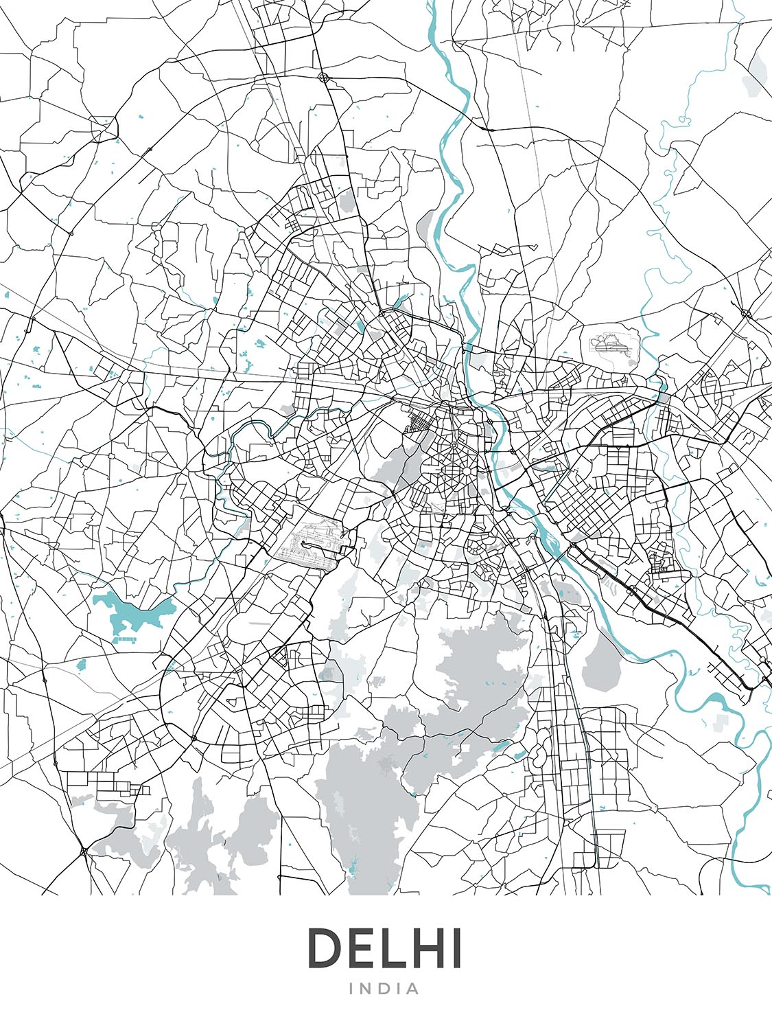 Modern City Map of Delhi, India: Connaught Place, India Gate, Red Fort, NH 44, Ring Road
