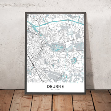 Mapa moderno de la ciudad de Deurne, Bélgica: Ayuntamiento, parque Rivierenhof, complejo deportivo Luchtbal, A12, N13