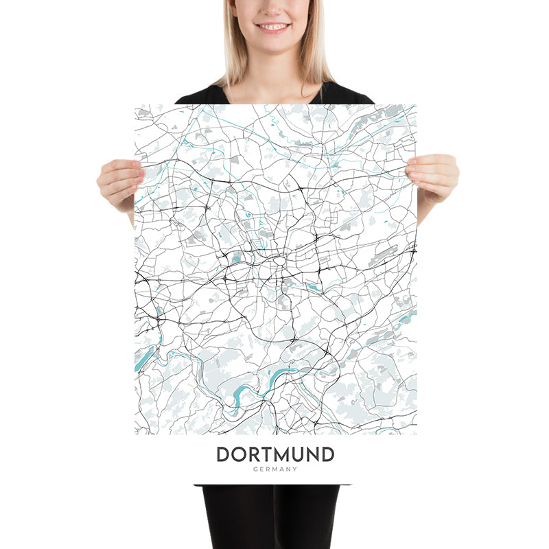 Mappa della città moderna di Dortmund, Germania: Westfalenstadion, Signal Iduna Park, Dortmunder U, Zeche Zollern, Kokerei Hansa 