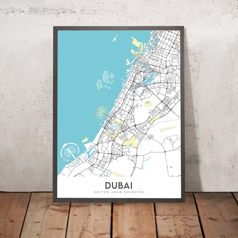 Modern City Map of Dubai, UAE: Burj Khalifa, Palm Jumeirah, Downtown, Marina