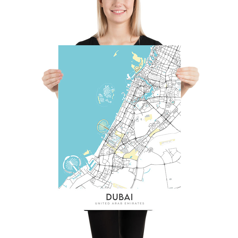 Modern City Map of Dubai, UAE: Burj Khalifa, Palm Jumeirah, Downtown, Marina