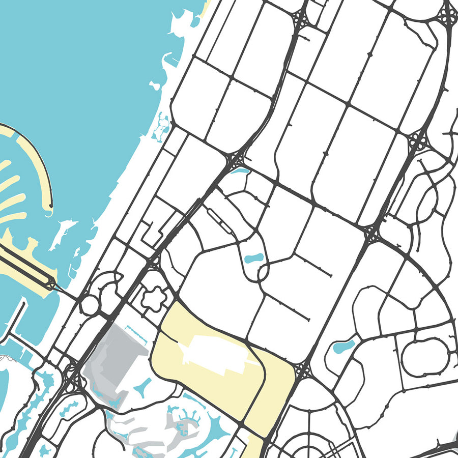 Modern City Map of Dubai, UAE: Burj Khalifa, Palm Jumeirah, Downtown, Marina