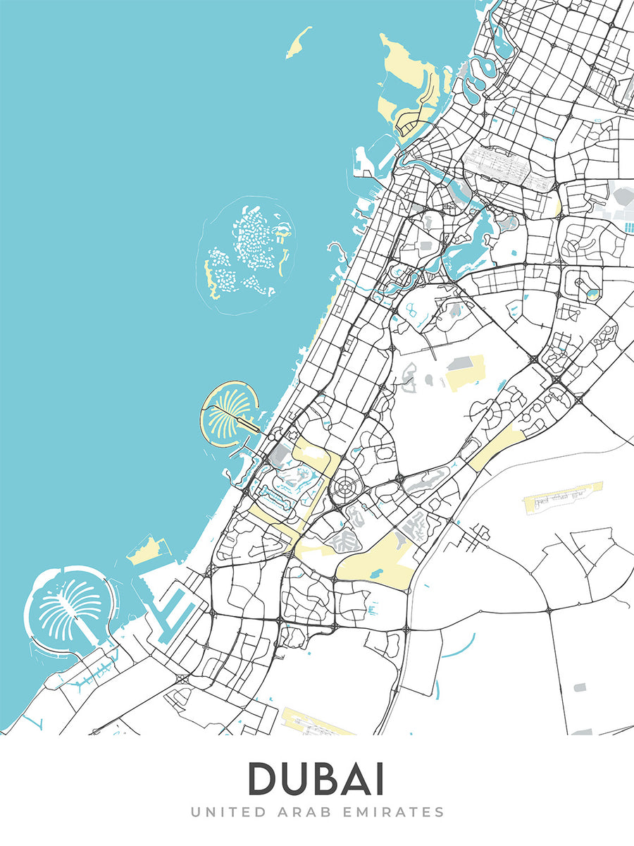 Modern City Map of Dubai, UAE: Burj Khalifa, Palm Jumeirah, Downtown, Marina