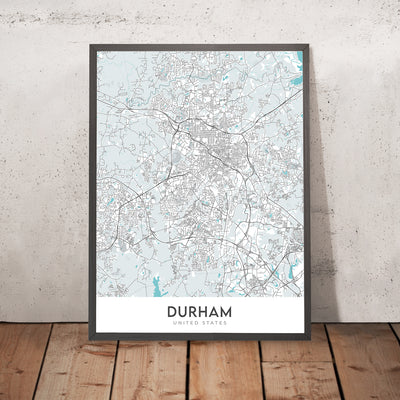 Moderner Stadtplan von Durham, NC: Duke University, American Tobacco Campus, Downtown, NC Museum of Art, NC Hwy 147