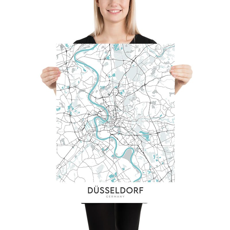 Mappa della città moderna di Düsseldorf, Germania: Altstadt, Königsallee, MedienHafen, Rheinturm, Aeroporto Internazionale di Düsseldorf 