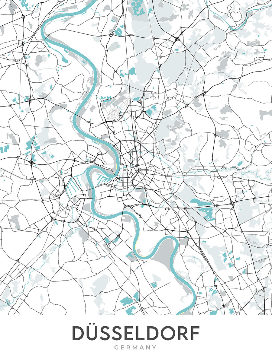 Mappa della città moderna di Düsseldorf, Germania: Altstadt, Königsallee, MedienHafen, Rheinturm, Aeroporto Internazionale di Düsseldorf 