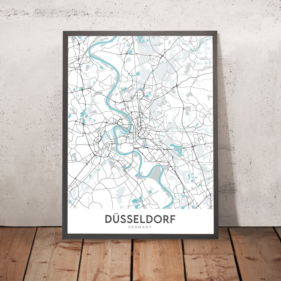 Mappa della città moderna di Düsseldorf, Germania: Altstadt, Königsallee, MedienHafen, Rheinturm, Aeroporto Internazionale di Düsseldorf 