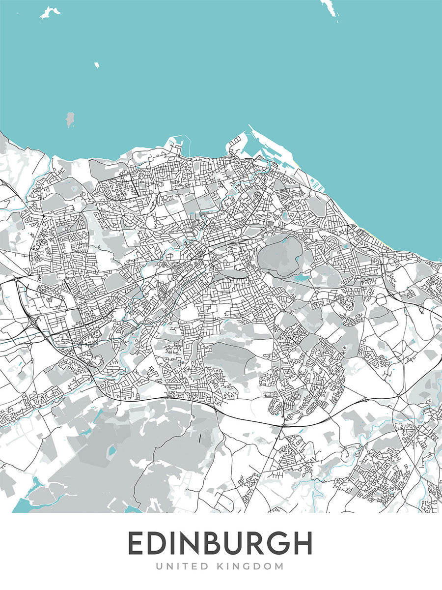 Modern City Map of Edinburgh, UK: Old Town, New Town, Edinburgh Castle, Royal Botanic Garden, M8
