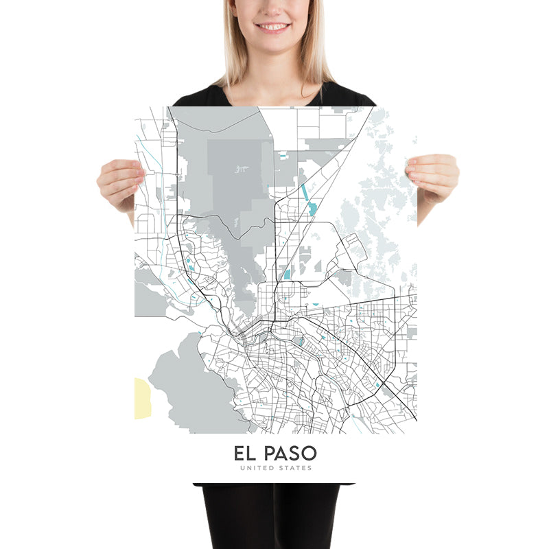 Mapa moderno de la ciudad de El Paso, TX: centro, UTEP, montañas Franklin, I-10, US-54
