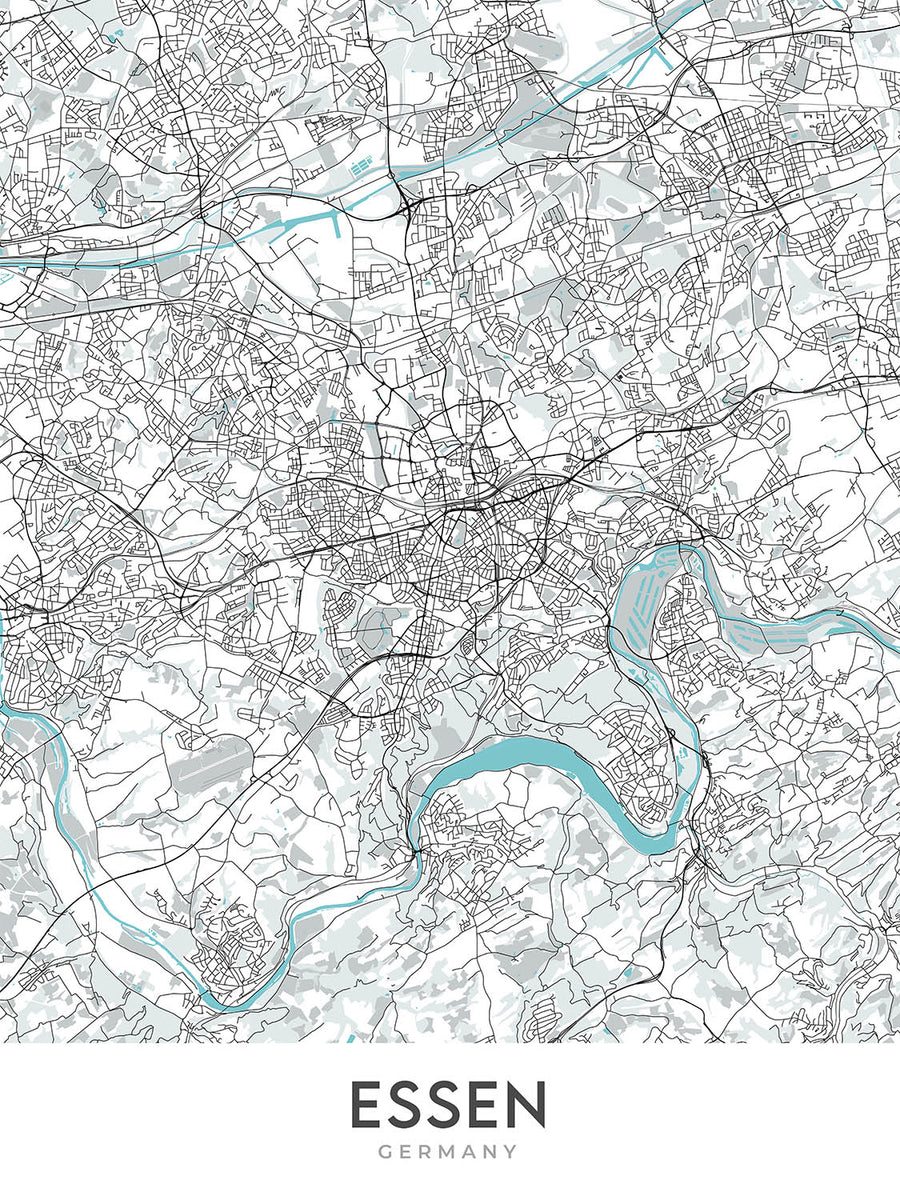 Modern City Map of Essen, Germany: Baldeneysee, Folkwang Museum, A40, Philharmonie Essen, Stadtkern