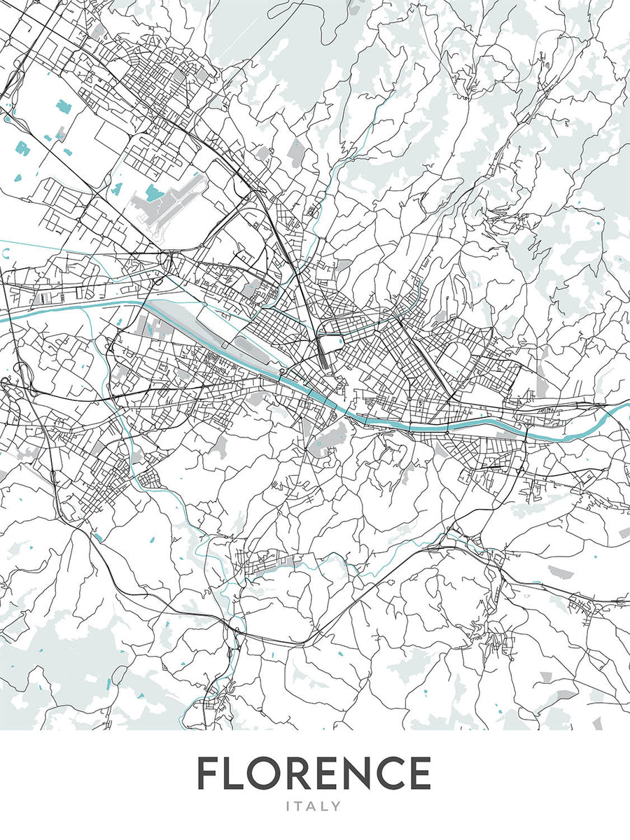 Plan de la ville moderne de Florence, Italie : Duomo, Uffizi, Ponte Vecchio, Santa Croce, Oltrarno