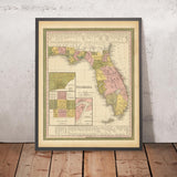 Ancienne carte de la Floride par H.S. Tanner, 1839 : Miami, Tampa, Orlando, St. Petersburg, Jacksonville, Cayo Lago, Keys