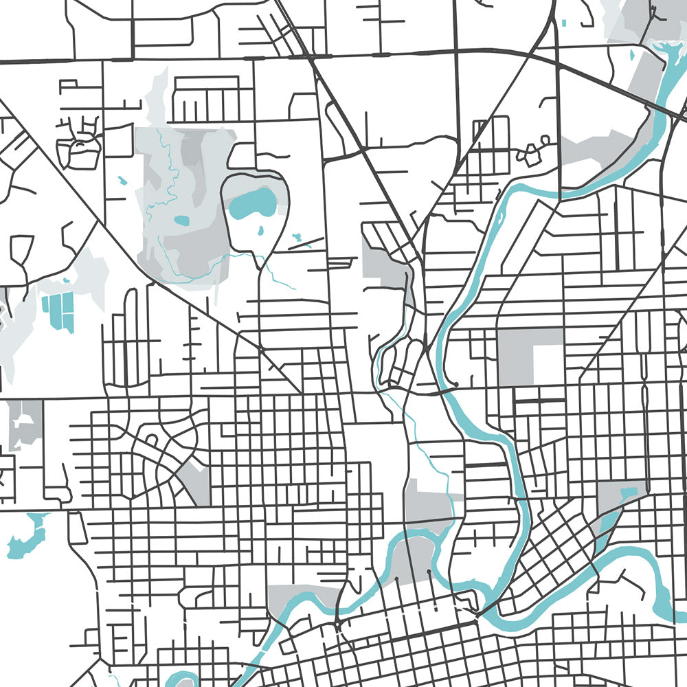 Mapa moderno de la ciudad de Fort Wayne, IN: Centro, IPFW, Parkview, Coliseum Blvd, St Rd 9